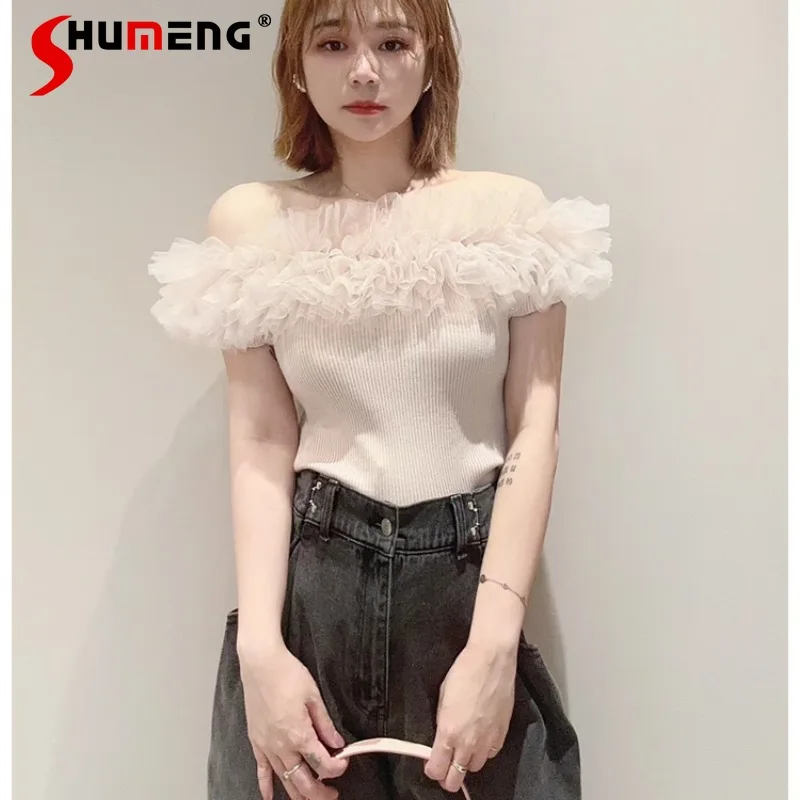 2024 Summer New Product Women's Clothes Sweet Boat Neck Off-the-Shoulder Tulle Slim Fit Patchwork Knitwear T-shirt Black Color
2024 Summer New Product Women's Clothes Sweet Boat Neck Off-the-Shoulder Tulle Slim Fit Patchwork Knitwear T-shirt Black Color