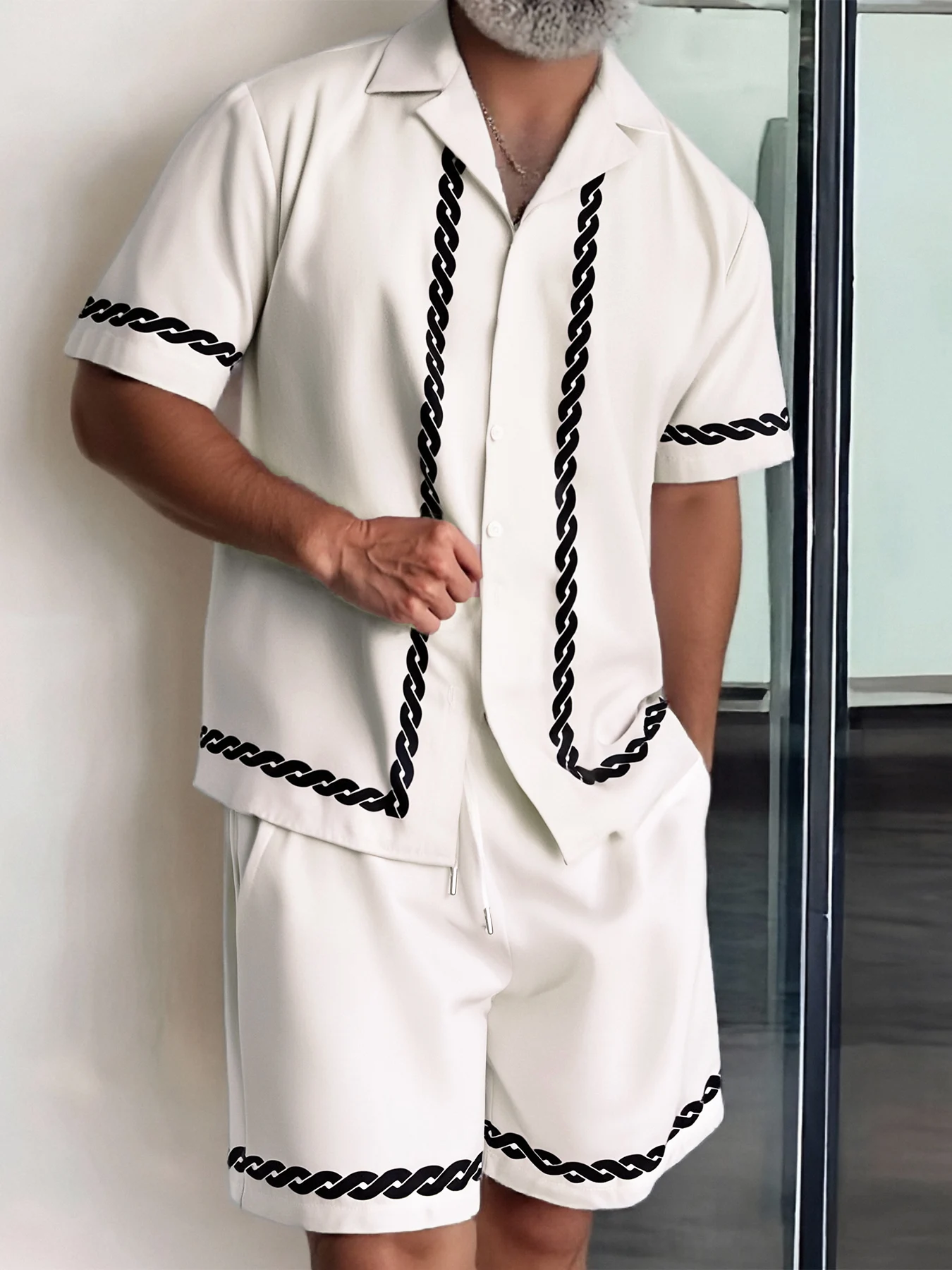 Men's 2 Piece White Chain Print Set, Cuban Collar Short Sleeve Shirt & Drawstring Shorts Summer Luxury Outfit
Men's 2 Piece White Chain Print Set, Cuban Collar Short Sleeve Shirt & Drawstring Shorts Summer Luxury Outfit