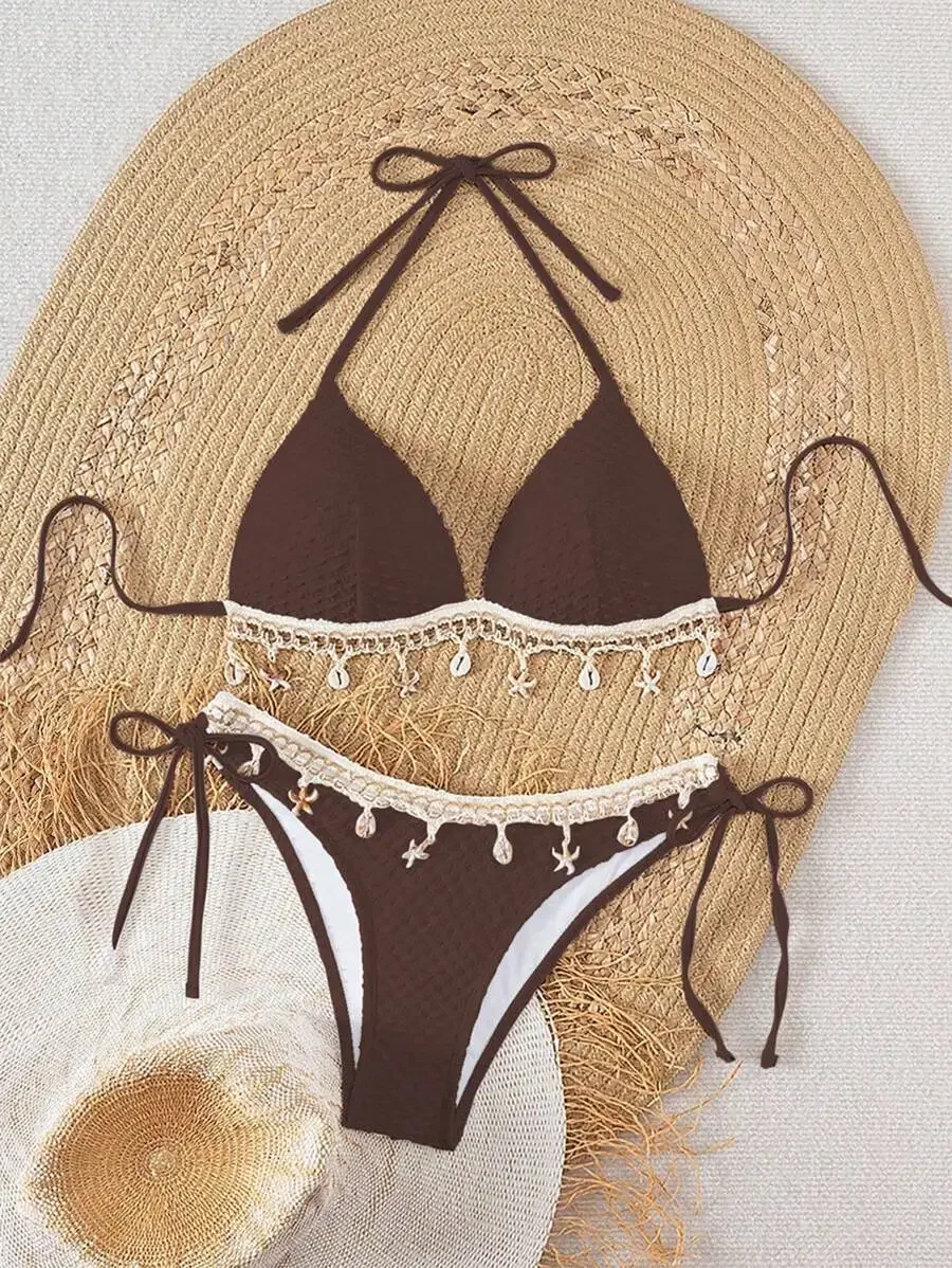 Women Solid Textured Seashell Drawstring Halter Bikini Set Summer Beach Party Swimsuit
Women Solid Textured Seashell Drawstring Halter Bikini Set Summer Beach Party Swimsuit
