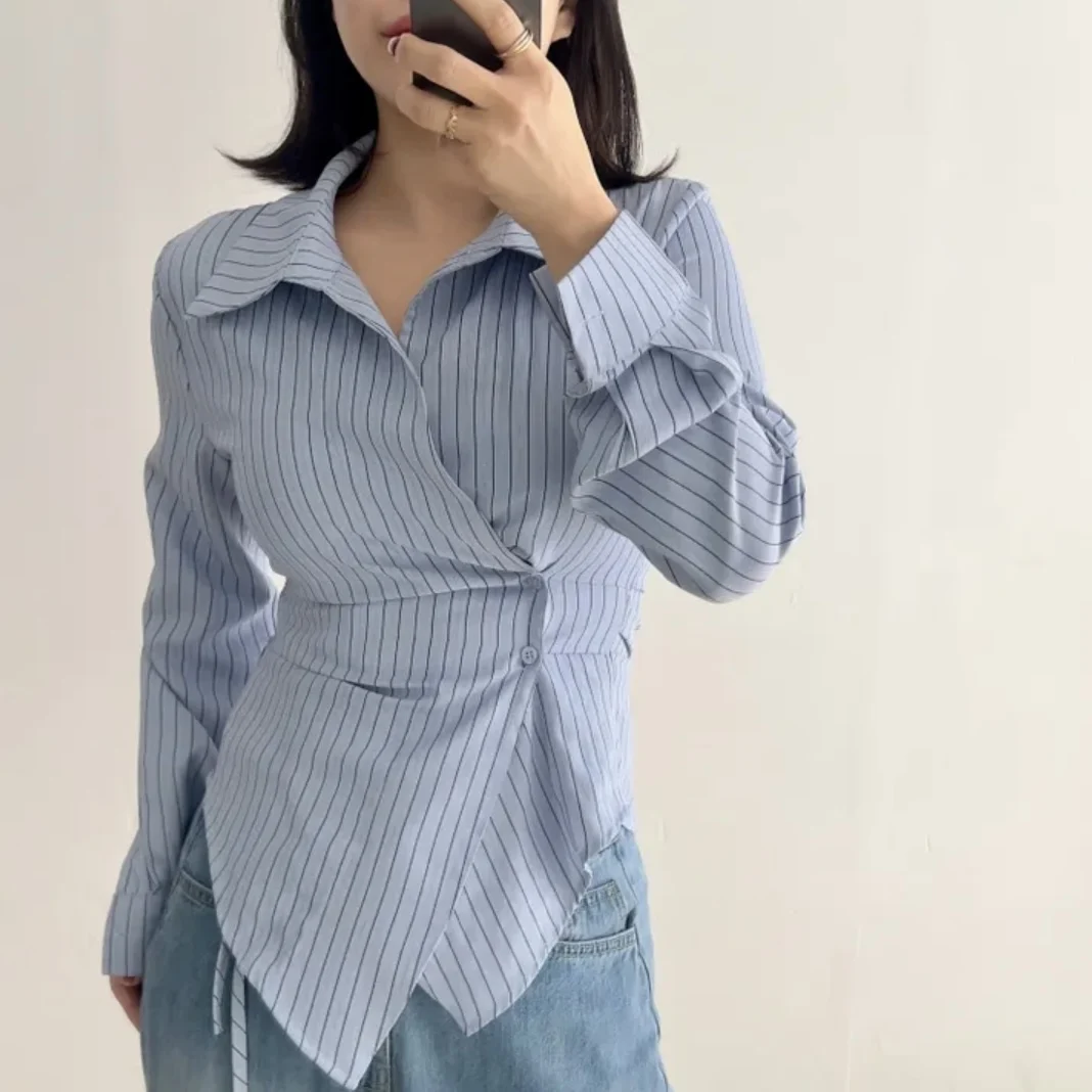 2026 New Chic Korean Style Slimming Striped Shirt Long Sleeve Asymmetrical Design Fashionable Women's Premium Quality Blouse
2026 New Chic Korean Style Slimming Striped Shirt Long Sleeve Asymmetrical Design Fashionable Women's Premium Quality Blouse