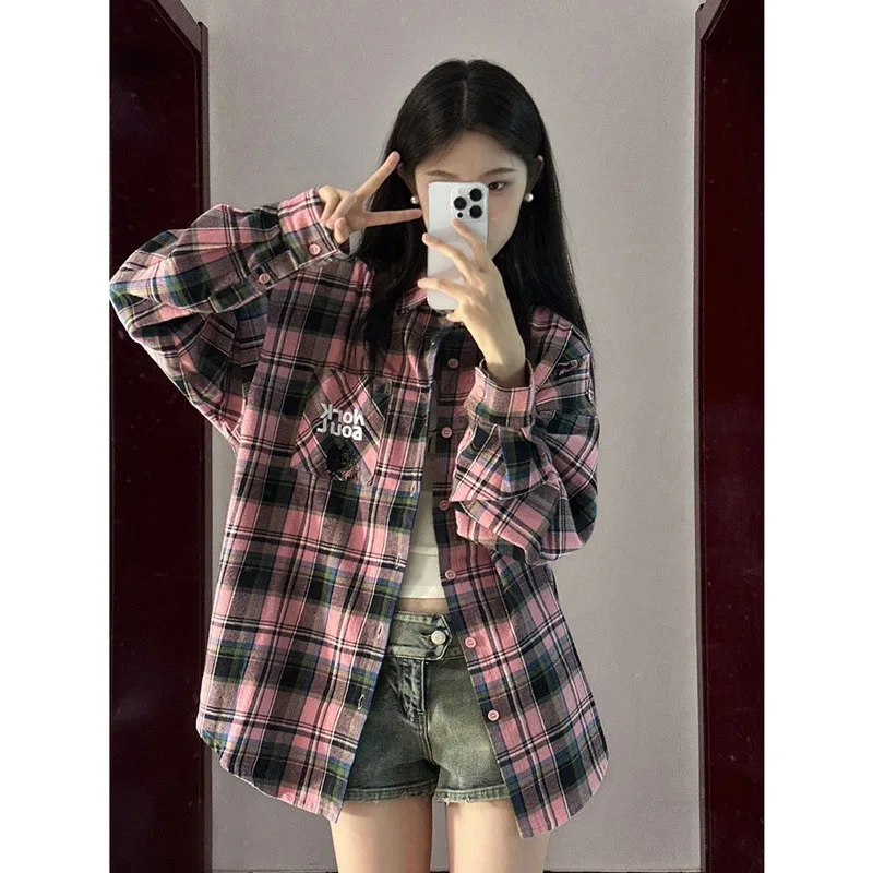 American Retro Plaid Long Sve Collar irt Women's Spring Autumn Trendy Cool School Sle Outerwear Polyester Fiber
American Retro Plaid Long Sve Collar irt Women's Spring Autumn Trendy Cool School Sle Outerwear Polyester Fiber