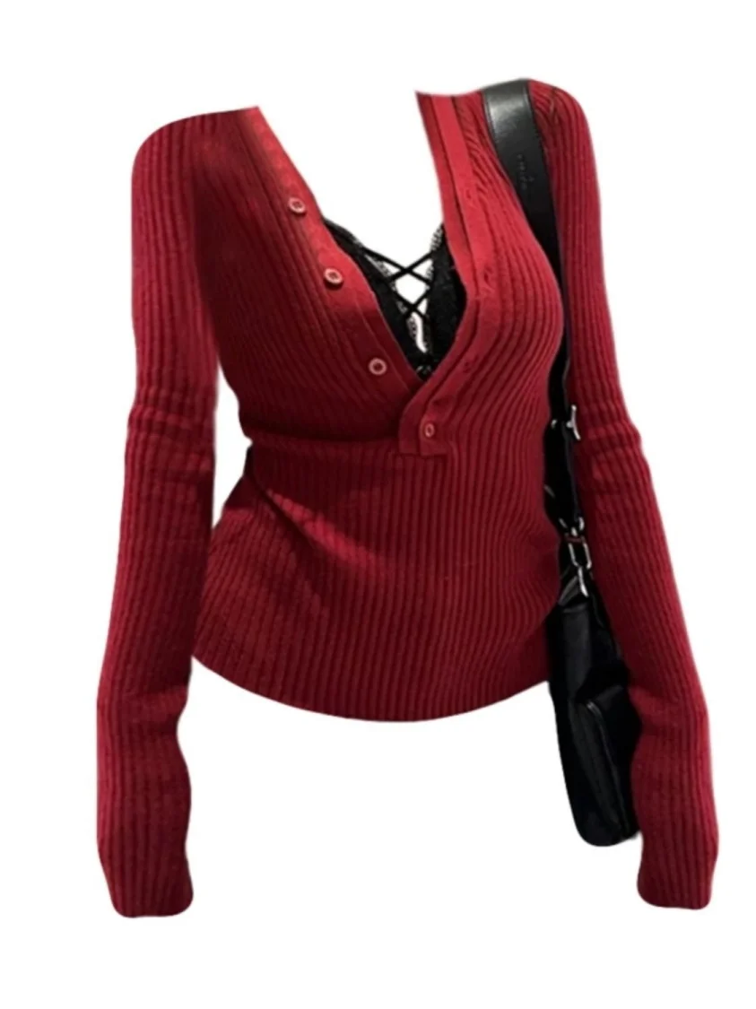 plus Size Cisas Red V-Ne Long Sve Knitted Base irt Layering Lace Csole Tank Top Two-Piece Set Women's Faion
plus Size Cisas Red V-Ne Long Sve Knitted Base irt Layering Lace Csole Tank Top Two-Piece Set Women's Faion