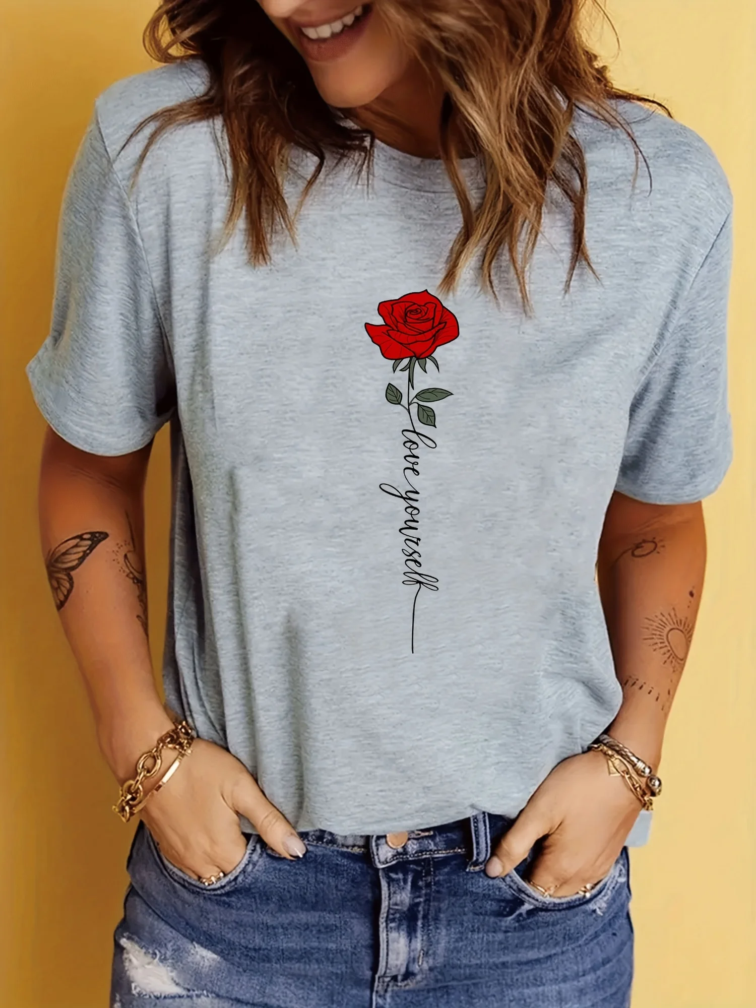 Sleeve T-Shirt Casual Every Day Tops Women's Clothing Letter & Rose Print T-Shirt Crew Neck Aesthetic Clothes
Sleeve T-Shirt Casual Every Day Tops Women's Clothing Letter & Rose Print T-Shirt Crew Neck Aesthetic Clothes