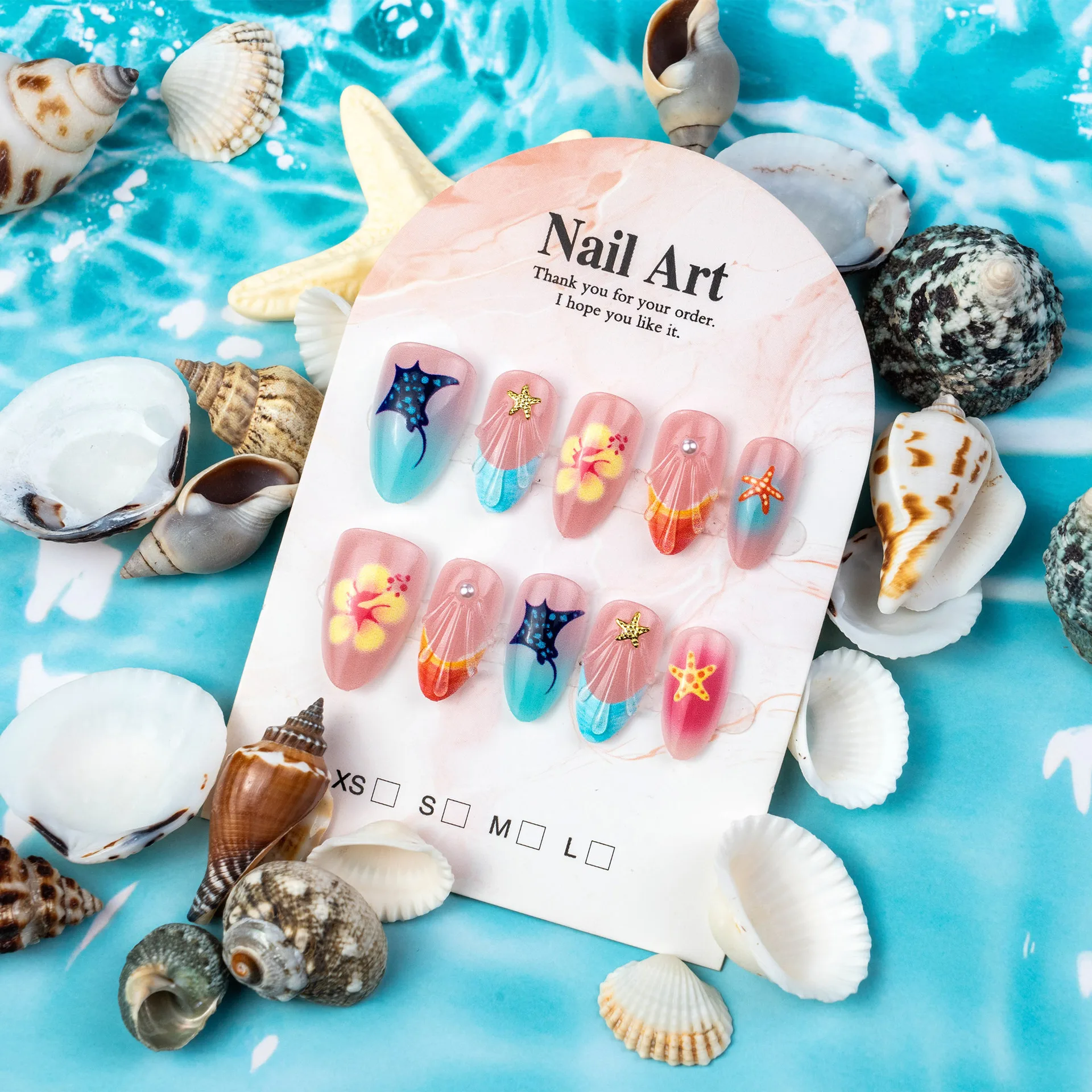 24PCS Almond Press on Nails Ocean Theme Starfish Shell Hibiscus Print Blue Pink Gradient Reusable False Nails for Summer Beach
24PCS Almond Press on Nails Ocean Theme Starfish Shell Hibiscus Print Blue Pink Gradient Reusable False Nails for Summer Beach