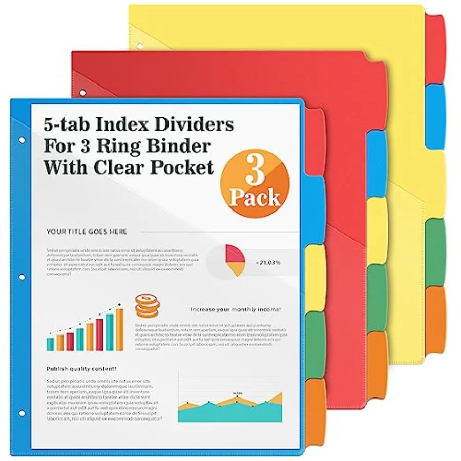 5-tab Index Dividers with 3 Holes Punched, Set of 3 Plastic Dividers with Clear Front Pocket, Multicolor Dividers for 3 Ring Bi
5-tab Index Dividers with 3 Holes Punched, Set of 3 Plastic Dividers with Clear Front Pocket, Multicolor Dividers for 3 Ring Bi