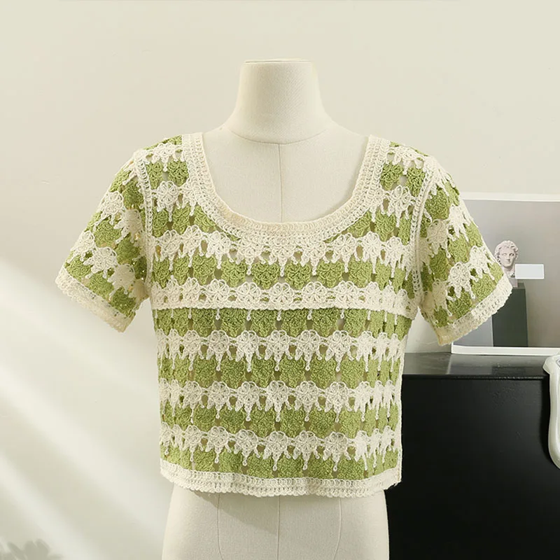 Boring Honey Square Collar Short Sleeves Fashion Women Blouses Retro Knitted Women's T-Shirt Hollow Out Chic Short Tops Women
Boring Honey Square Collar Short Sleeves Fashion Women Blouses Retro Knitted Women's T-Shirt Hollow Out Chic Short Tops Women
