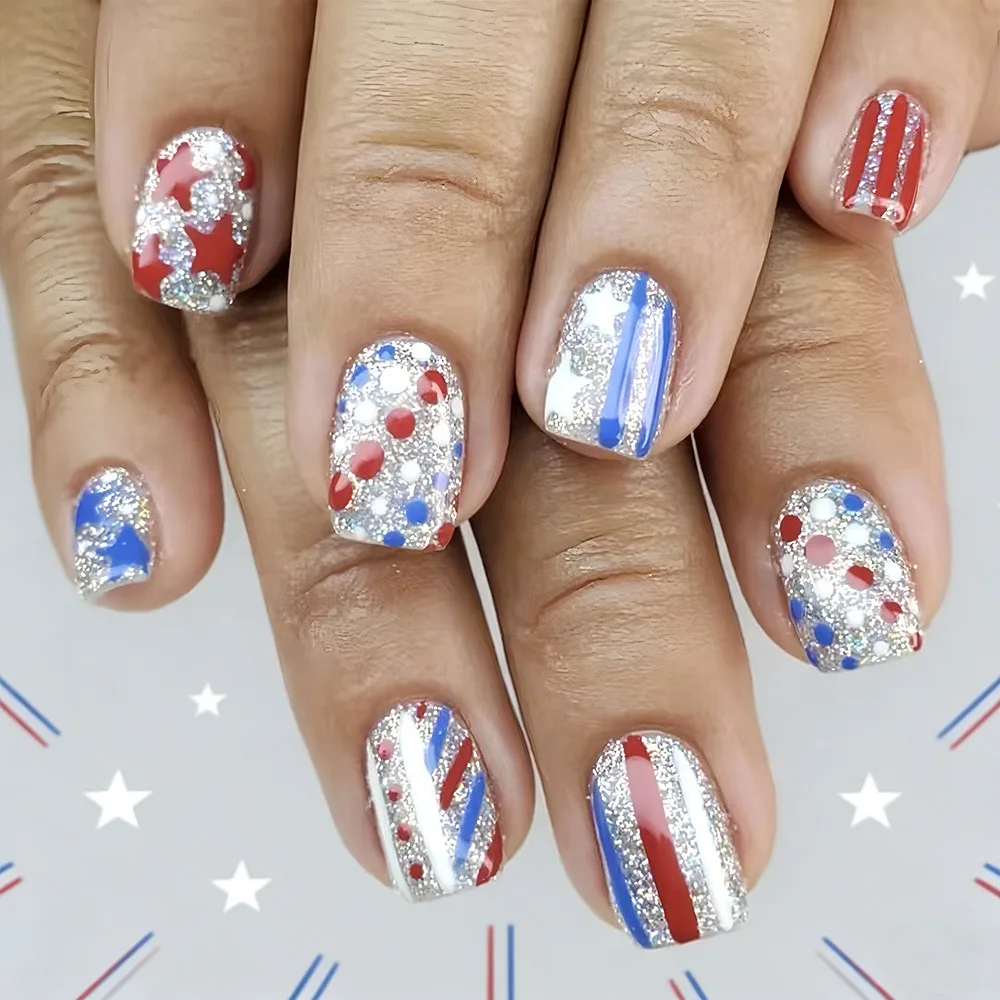 Super Flash Glitter False Nails Short Square Matte & Glossy Surface Red Blue Star Stripes 24Pcs Detachable Independence Day Press On Nails
Super Flash Glitter False Nails Short Square Matte & Glossy Surface Red Blue Star Stripes 24Pcs Detachable Independence Day Press On Nails