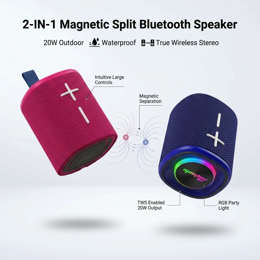 2-In-1 Magnetic Split Bluetooth Speaker 20W Outdoor Waterproof Dual Splittable True Wireless Stereo Portable Subwoofer
2-In-1 Magnetic Split Bluetooth Speaker 20W Outdoor Waterproof Dual Splittable True Wireless Stereo Portable Subwoofer