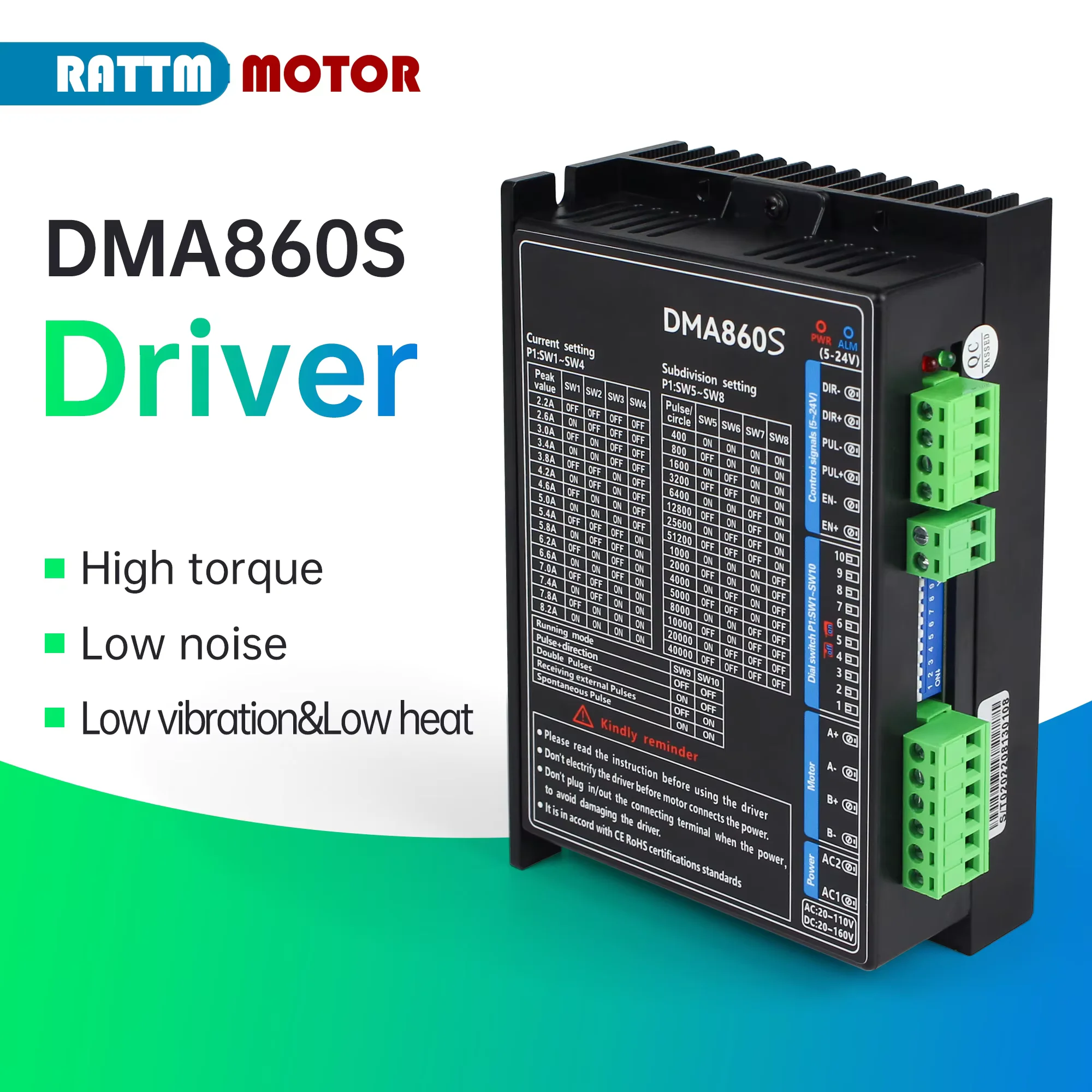 RATTMMOTOR DMA860S Nema34 Stepper MOTOR Driver 2.2A-8.2A 18-110V AC 18-160V DC CNC
RATTMMOTOR DMA860S Nema34 Stepper MOTOR Driver 2.2A-8.2A 18-110V AC 18-160V DC CNC