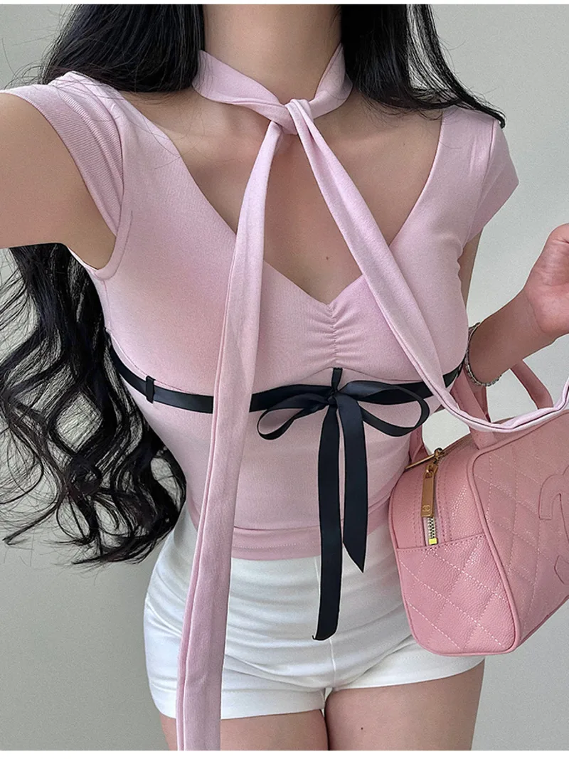 Pure Desire Sweet Girl Sexy V-neck Slim Tie Neck Ribbon Bow Tie Short Sleeve T-shirt Top Fashion Women Tees 2024 Sweet C653
Pure Desire Sweet Girl Sexy V-neck Slim Tie Neck Ribbon Bow Tie Short Sleeve T-shirt Top Fashion Women Tees 2024 Sweet C653