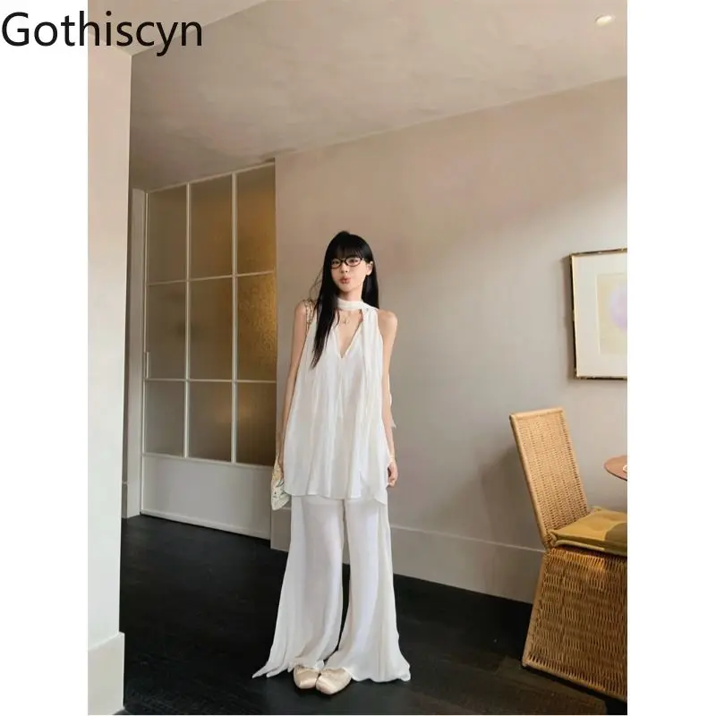 Casual Suit Women's Summer Neck Halter Ribbon Sleeveless Vest Top Loose Wide Leg Pants Two-piece Set Fashion Female Clothes
Casual Suit Women's Summer Neck Halter Ribbon Sleeveless Vest Top Loose Wide Leg Pants Two-piece Set Fashion Female Clothes