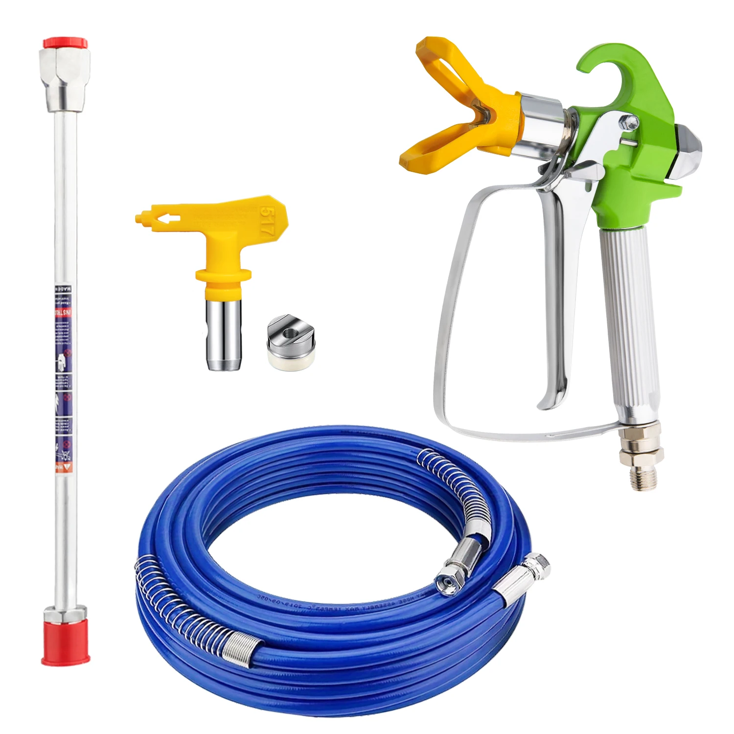 5-Piece Airless Paint Sprayer Hose Kit (1 Blue High-Pressure Fiber Hose, 1 Green Spray Gun, 1 Yellow Base, 1 Silver Extension Rod, 1 Yellow 517 Nozzle with Gasket), Home Renovation Painting Tool Accessories
5-Piece Airless Paint Sprayer Hose Kit (1 Blue High-Pressure Fiber Hose, 1 Green Spray Gun, 1 Yellow Base, 1 Silver Extension Rod, 1 Yellow 517 Nozzle with Gasket), Home Renovation Painting Tool Accessories