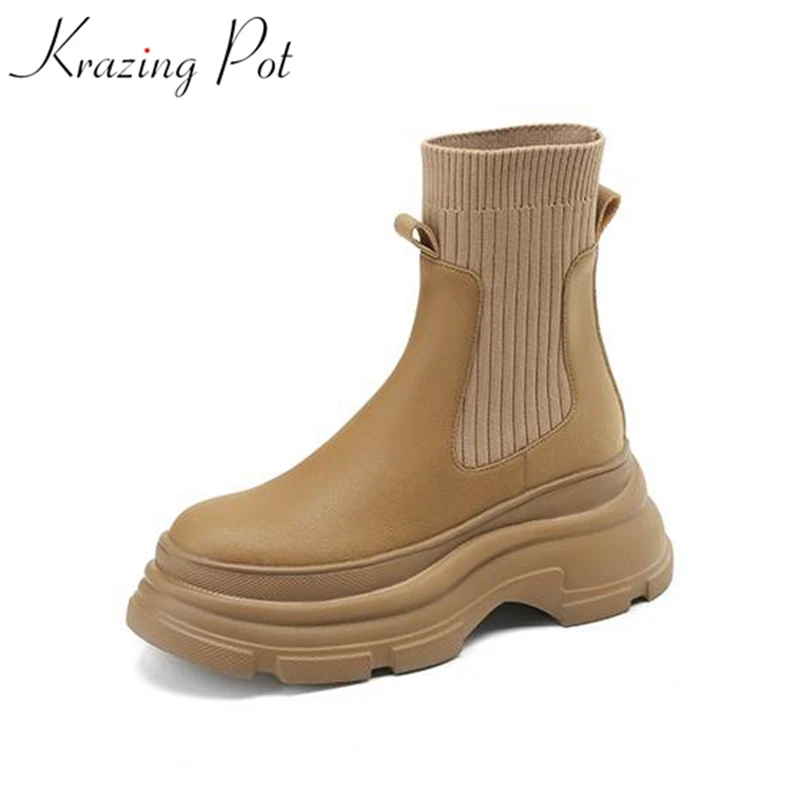 Krazing Pot Cow Leather Knitwear Round Toe Waterproof Winter Keep Warm Western Boots Slip On Leisure Casual Stretch Ankle Boots
Krazing Pot Cow Leather Knitwear Round Toe Waterproof Winter Keep Warm Western Boots Slip On Leisure Casual Stretch Ankle Boots