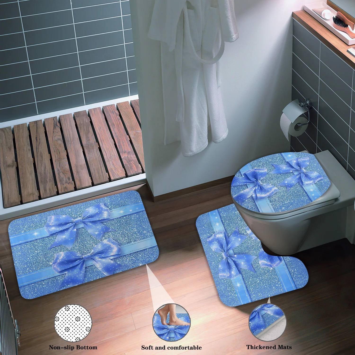 Luxury Blue Bow Pattern Bath Mat Set for Bathroom Home Decor Non-Slip Thick Absorbent Shower Rug Mat Trio Mat
Luxury Blue Bow Pattern Bath Mat Set for Bathroom Home Decor Non-Slip Thick Absorbent Shower Rug Mat Trio Mat