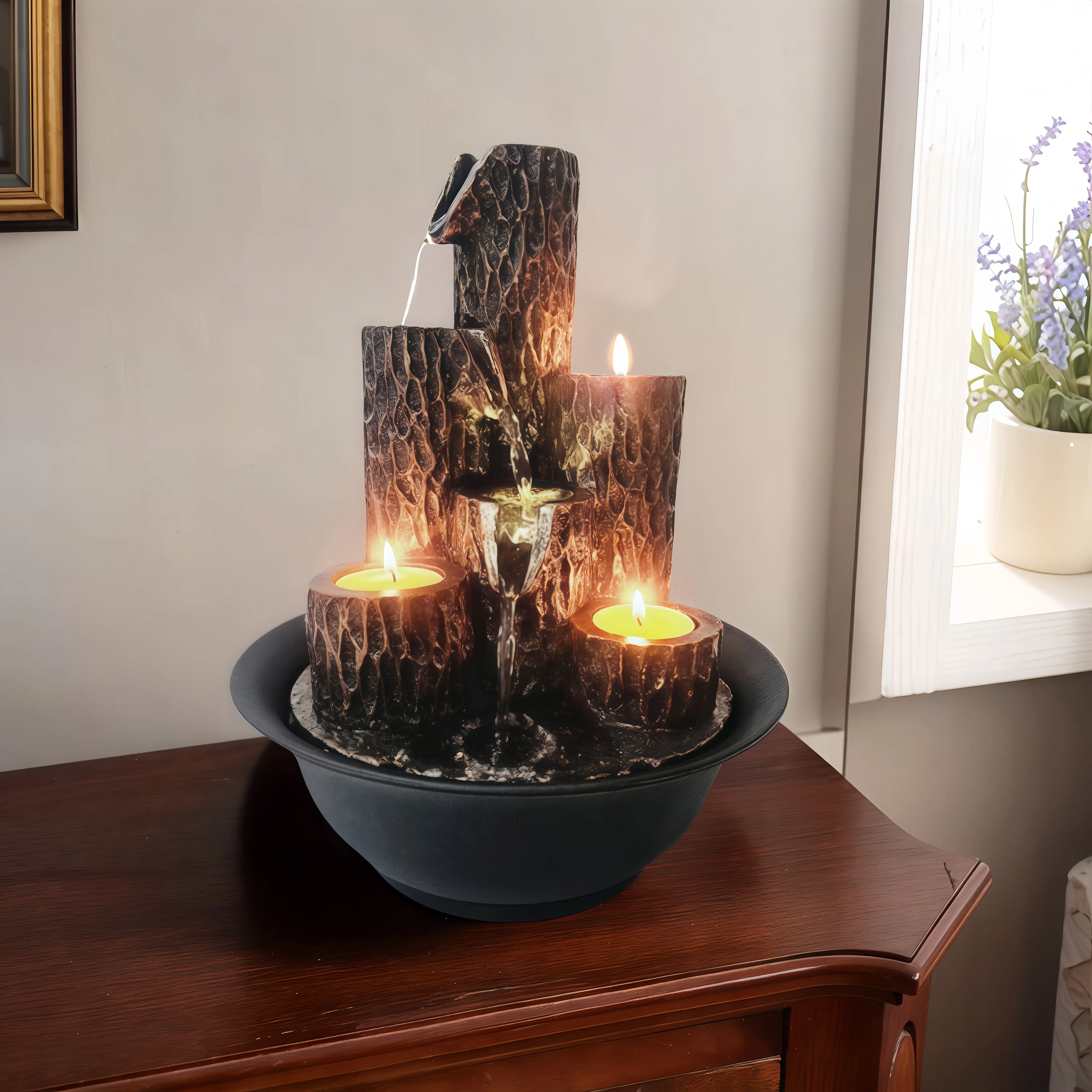Resin 3-Tier Tabletop Waterfall Fountain with Candle Holder, Desktop Water Fountain Indoor Home 
Resin 3-Tier Tabletop Waterfall Fountain with Candle Holder, Desktop Water Fountain Indoor Home