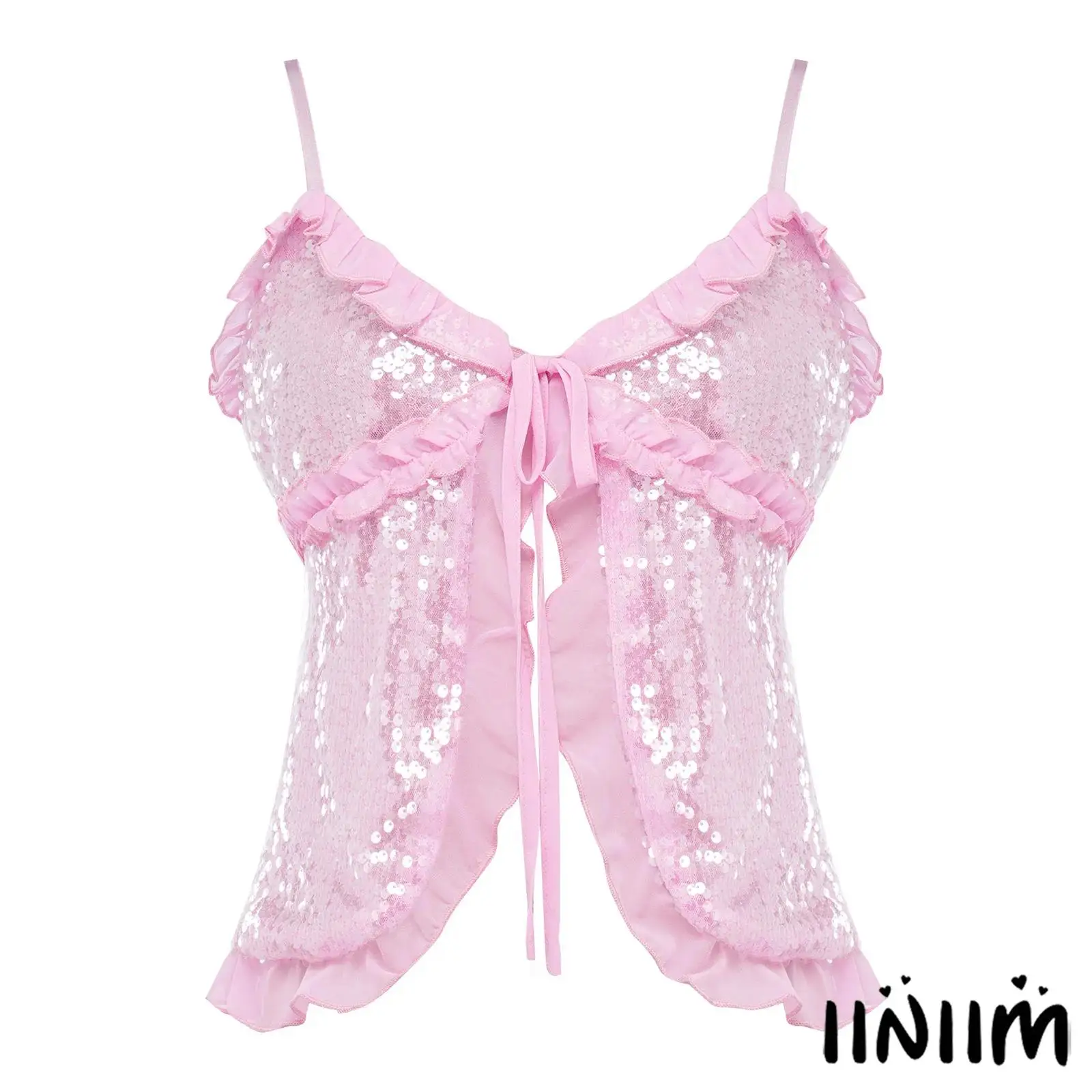 Womens Shiny Sequin Camisole Ruffled Trim Lacing Open Front Adjustable Spaghetti Straps Sling Top Crop Top Vest for Daily Casual
Womens Shiny Sequin Camisole Ruffled Trim Lacing Open Front Adjustable Spaghetti Straps Sling Top Crop Top Vest for Daily Casual