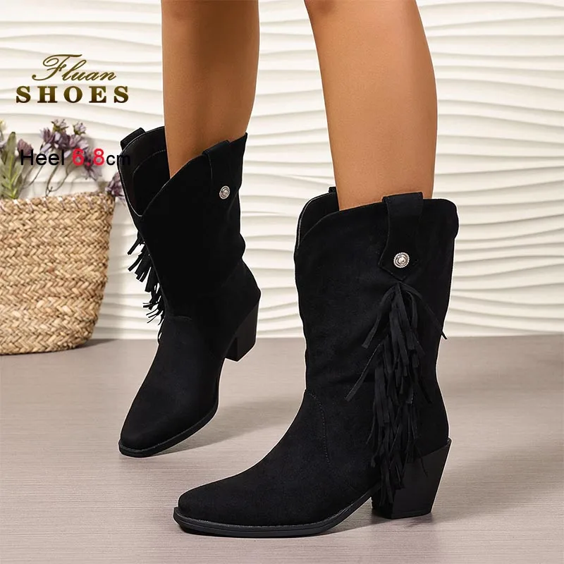 Черные замшевые сапоги-ботфорты на толстом каблуке 6,8 см, женские полусапоги с модными кисточками, на высоком каблуке, большие размеры, женская обувь, высокие сапоги
Черные замшевые сапоги-ботфорты на толстом каблуке 6,8 см, женские полусапоги с модными кисточками, на высоком каблуке, большие размеры, женская обувь, высокие сапоги