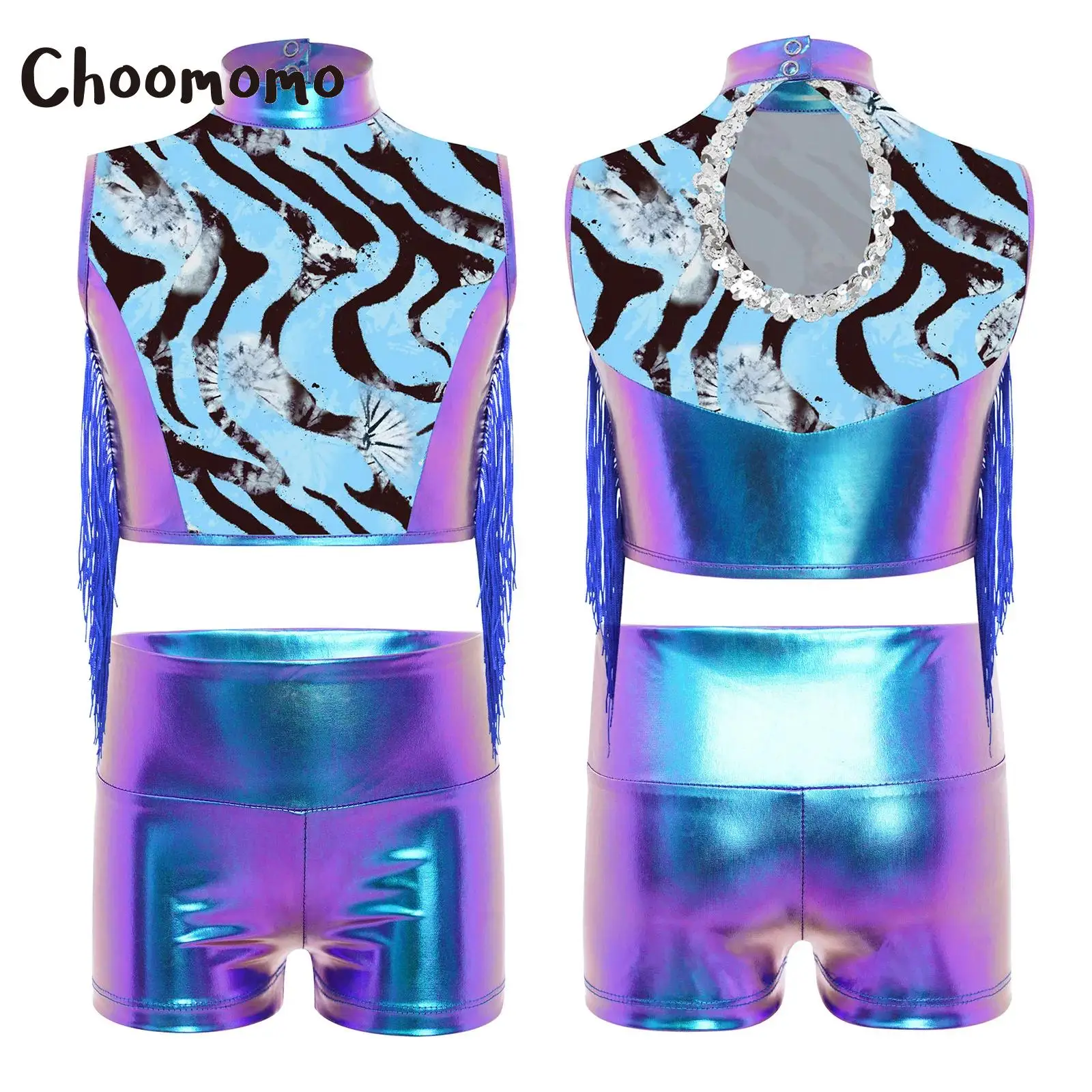 Gymnastics Jazz Dance Costume Ballet Performance Outfit for Girls Zebra Metallic Tassel Crop Top with Keyhole Back and Shorts
Gymnastics Jazz Dance Costume Ballet Performance Outfit for Girls Zebra Metallic Tassel Crop Top with Keyhole Back and Shorts