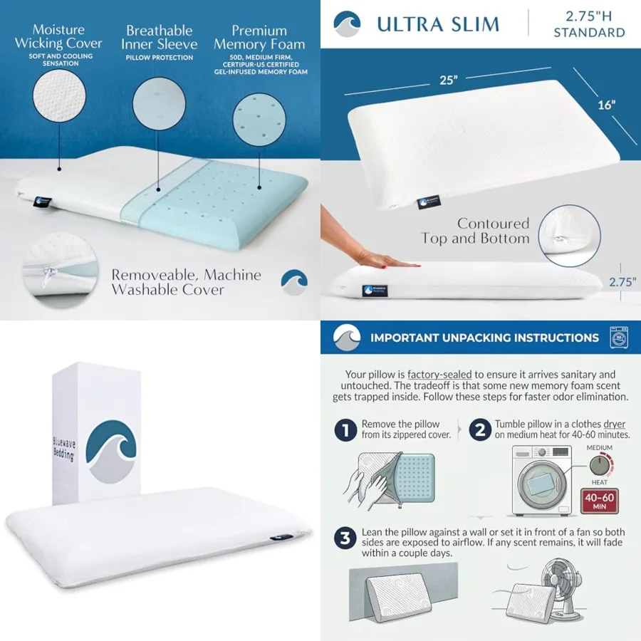 Ultra Slim Gel Memory Foam Pillow for Stomach and Back Sleepers - Thin, Flat Design for Cervical Neck Alignment and Deeper Slee
Ultra Slim Gel Memory Foam Pillow for Stomach and Back Sleepers - Thin, Flat Design for Cervical Neck Alignment and Deeper Slee