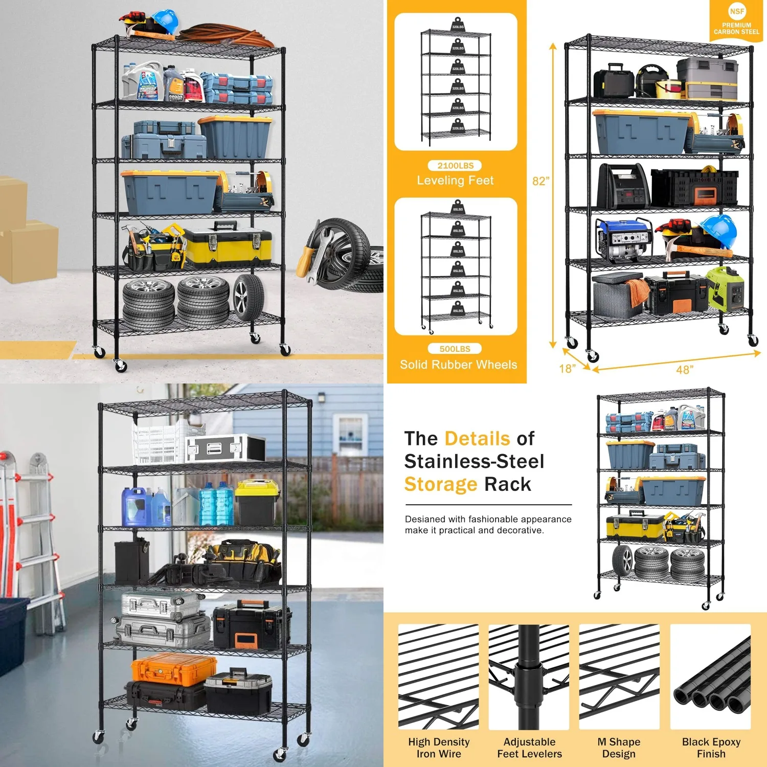 Heavy Duty Wire Storage Rack,Adjustable 4-Tier Shelf on Wheels for Garage Kitchen,48"W x 18"D x 82"H 2100LBS,Customized
Heavy Duty Wire Storage Rack,Adjustable 4-Tier Shelf on Wheels for Garage Kitchen,48"W x 18"D x 82"H 2100LBS,Customized