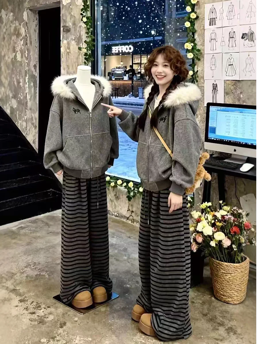 Korean Sle Lazy Hooded Jaet Women's Striped Pants Two-Piece Set Autumn Winter Warm Casual Sportswear High Waist Zipper
Korean Sle Lazy Hooded Jaet Women's Striped Pants Two-Piece Set Autumn Winter Warm Casual Sportswear High Waist Zipper