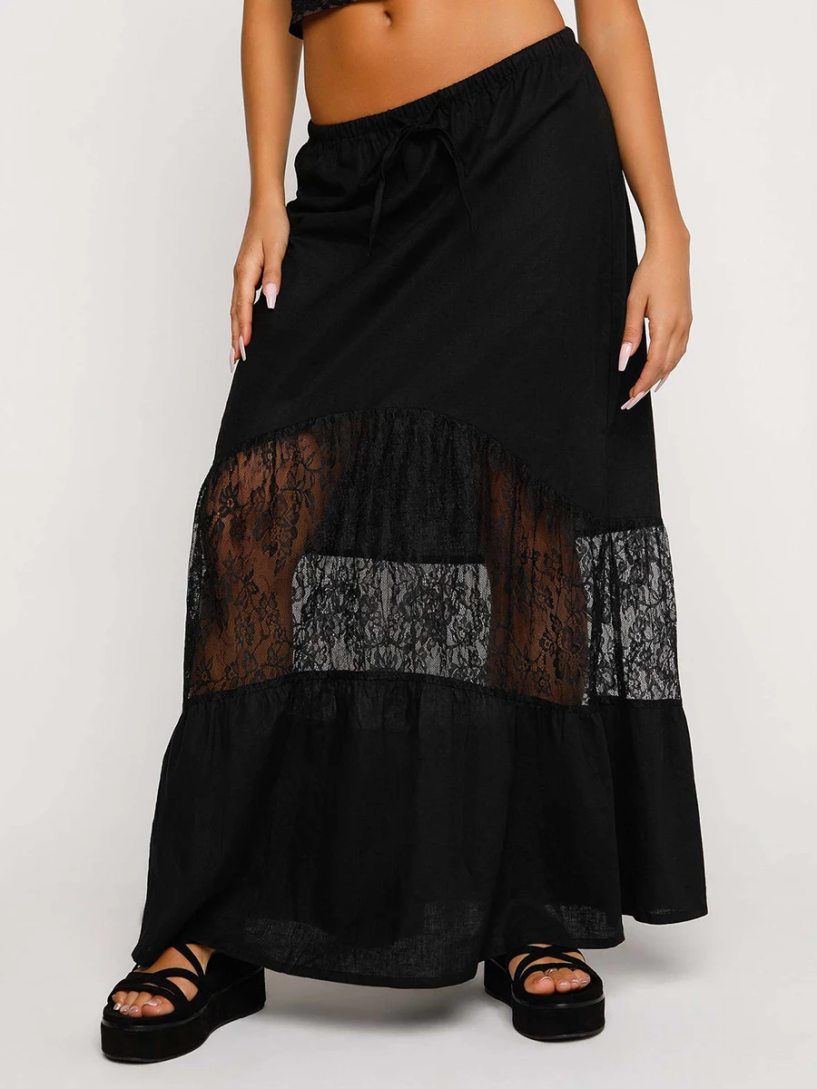 Black Drawstring Lace Patchwork Long Skirt Women Summer Elastic Waist Sheer A-line Faldas New Simple Fashion Casual Midi Skirts
Black Drawstring Lace Patchwork Long Skirt Women Summer Elastic Waist Sheer A-line Faldas New Simple Fashion Casual Midi Skirts
