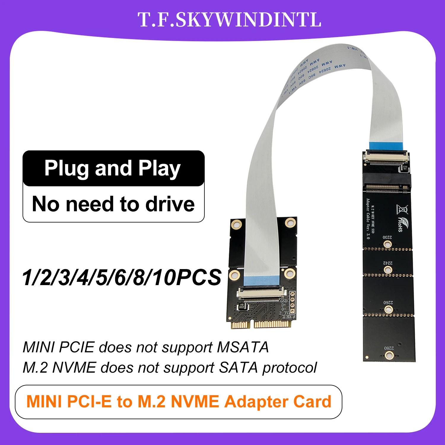 Mini PCI-E to M.2 NVMe SSD Adapter Card MINI PCIE to M.2 NVMe Extension Cable Suitable for 2230 2242 2260 2280 SSD