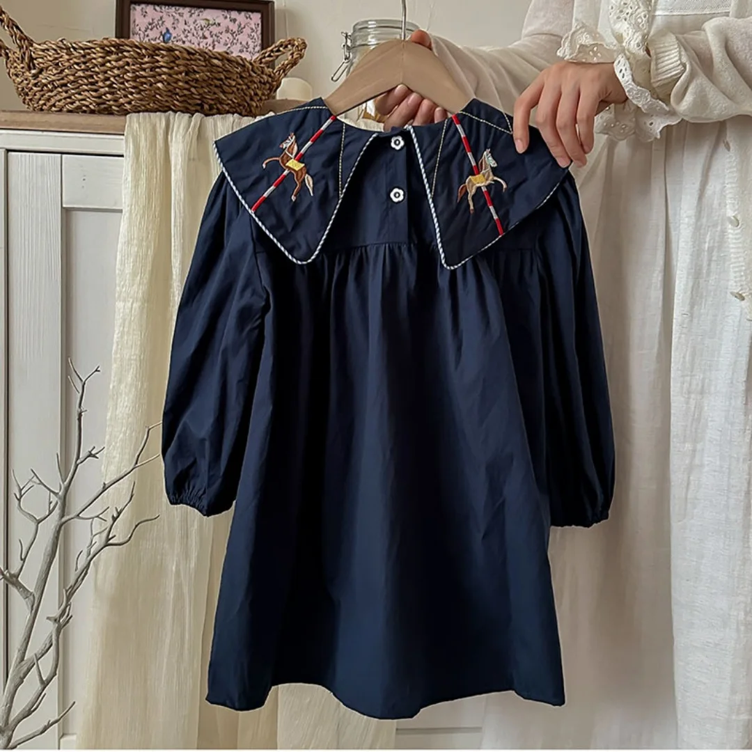 Carousel Embroidery Lapel Long Sleeve Girls Dress, 2026 Spring Preppy Navy Style Kids Pure Cotton Dress
Carousel Embroidery Lapel Long Sleeve Girls Dress, 2026 Spring Preppy Navy Style Kids Pure Cotton Dress