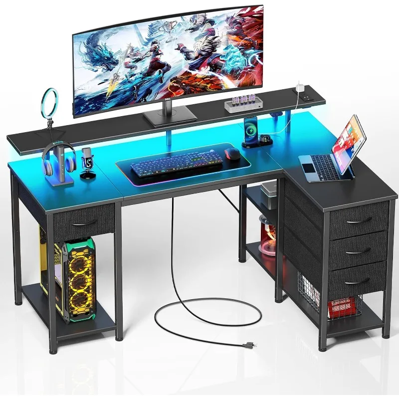 L Shaped Computer Desk with Drawers 55.1 inch, Gaming Desk with Power Outlets & LED Lights, Reversible Office Desk
L Shaped Computer Desk with Drawers 55.1 inch, Gaming Desk with Power Outlets & LED Lights, Reversible Office Desk