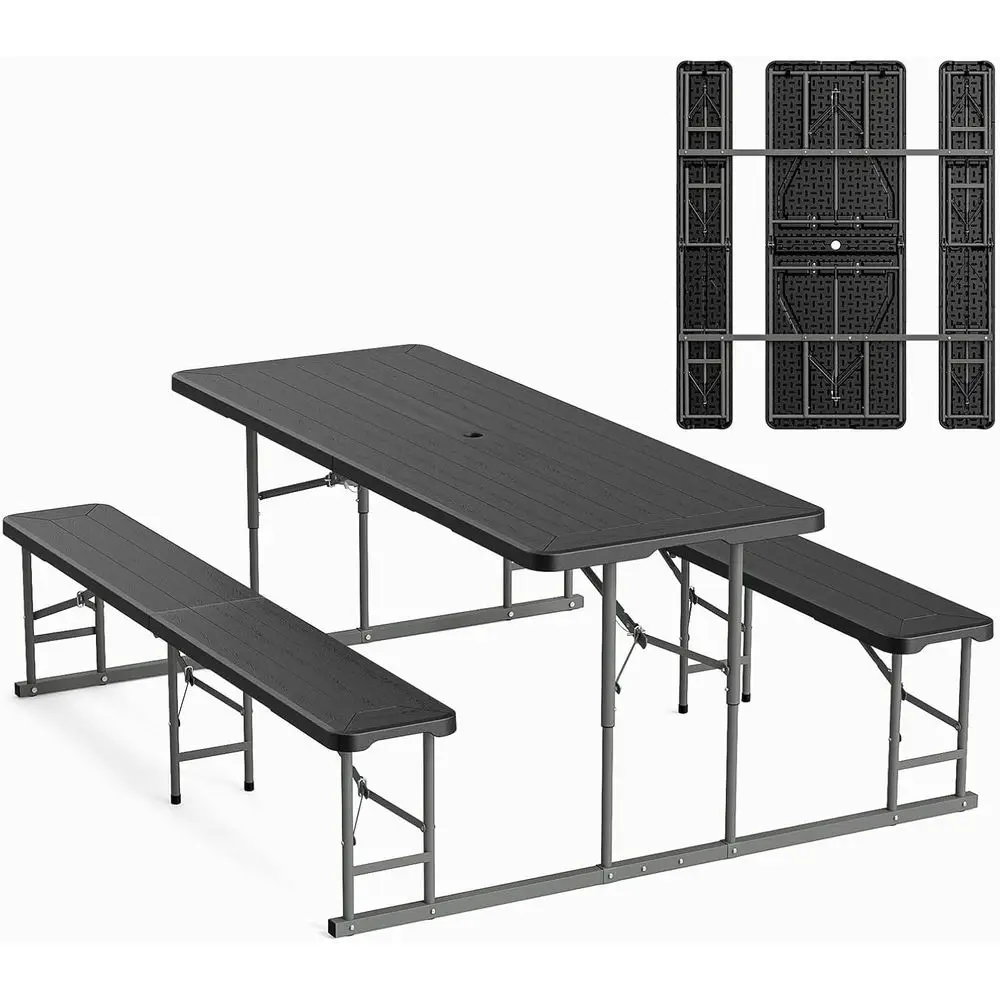 Portable Outdoor Picnic Table and Bench Set, Wood Grain Plastic Top, Metal Frame (Black)
Portable Outdoor Picnic Table and Bench Set, Wood Grain Plastic Top, Metal Frame (Black)