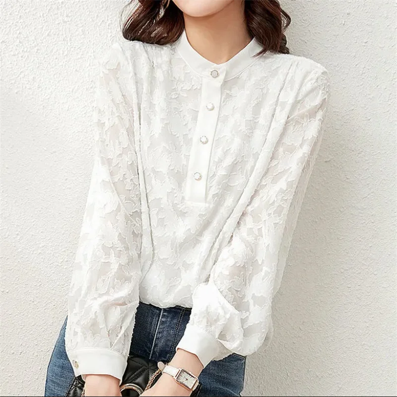 Standing Collar Ladies Shirts Jacquard Shirt For Women White Pullover Bubble Sleeve Women Clothes Blouses Leiure Female Blouse
Standing Collar Ladies Shirts Jacquard Shirt For Women White Pullover Bubble Sleeve Women Clothes Blouses Leiure Female Blouse