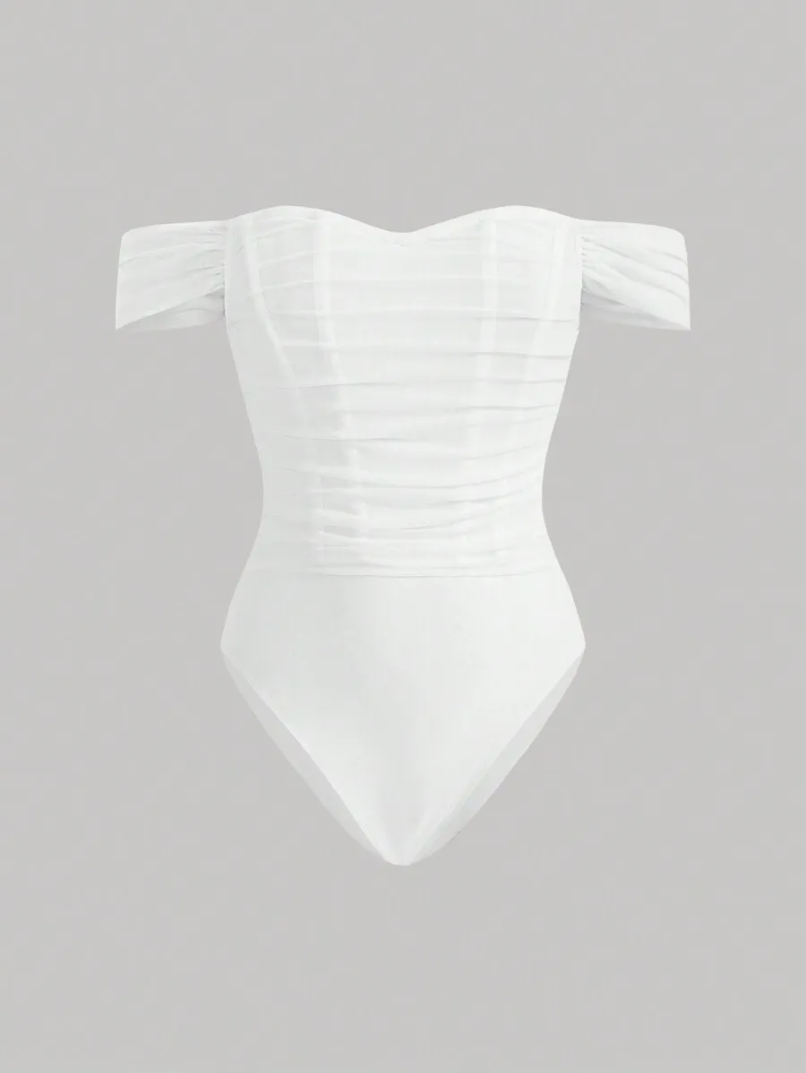 White Mesh Ruched Off-Shoulder Bodysuit with Asymmetrical Sleeves
White Mesh Ruched Off-Shoulder Bodysuit with Asymmetrical Sleeves