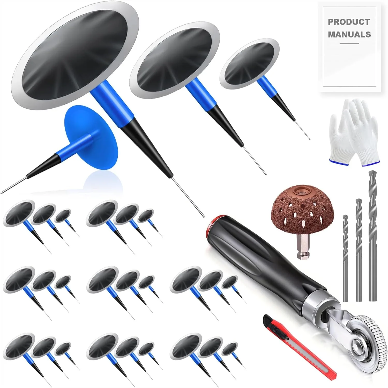 Tire Repair Patch Kit with 24 Plugs, Roller, Buffing Wheel & Drill Bits for Vehicle Tire Puncture Fixes
Tire Repair Patch Kit with 24 Plugs, Roller, Buffing Wheel & Drill Bits for Vehicle Tire Puncture Fixes