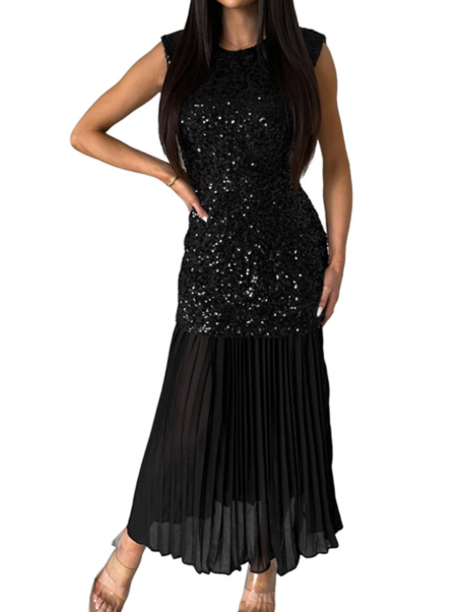 Fashion Round Neck Sleeveless Dress Sequin Chiffon Patchwork Maxi Dress
Fashion Round Neck Sleeveless Dress Sequin Chiffon Patchwork Maxi Dress
