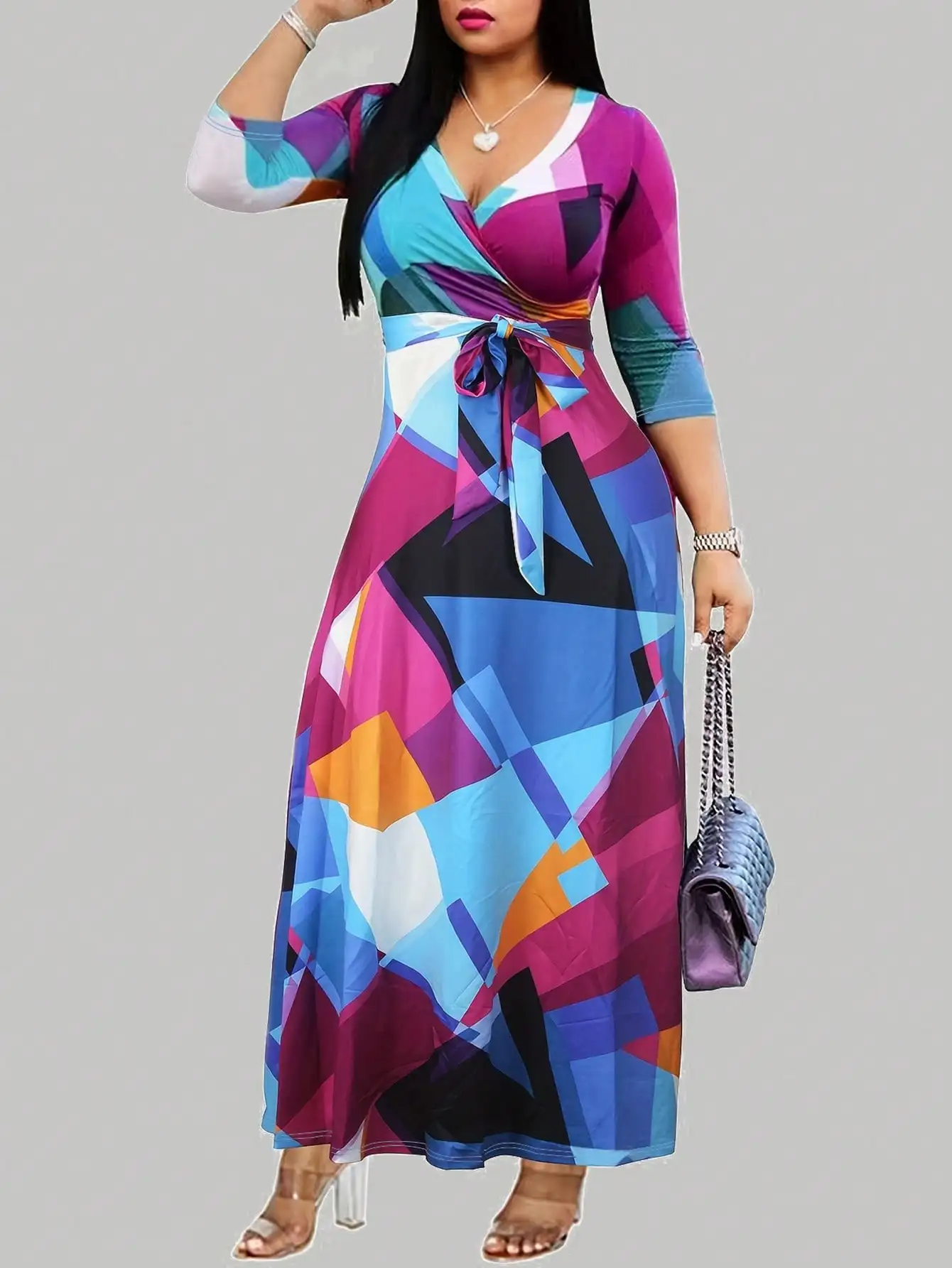 Женское платье макси с v-образным вырезом и геометрическим принтом, завязкой на талии, рукавом 3/4, весенне-летнее повседневное платье
Женское платье макси с v-образным вырезом и геометрическим принтом, завязкой на талии, рукавом 3/4, весенне-летнее повседневное платье
