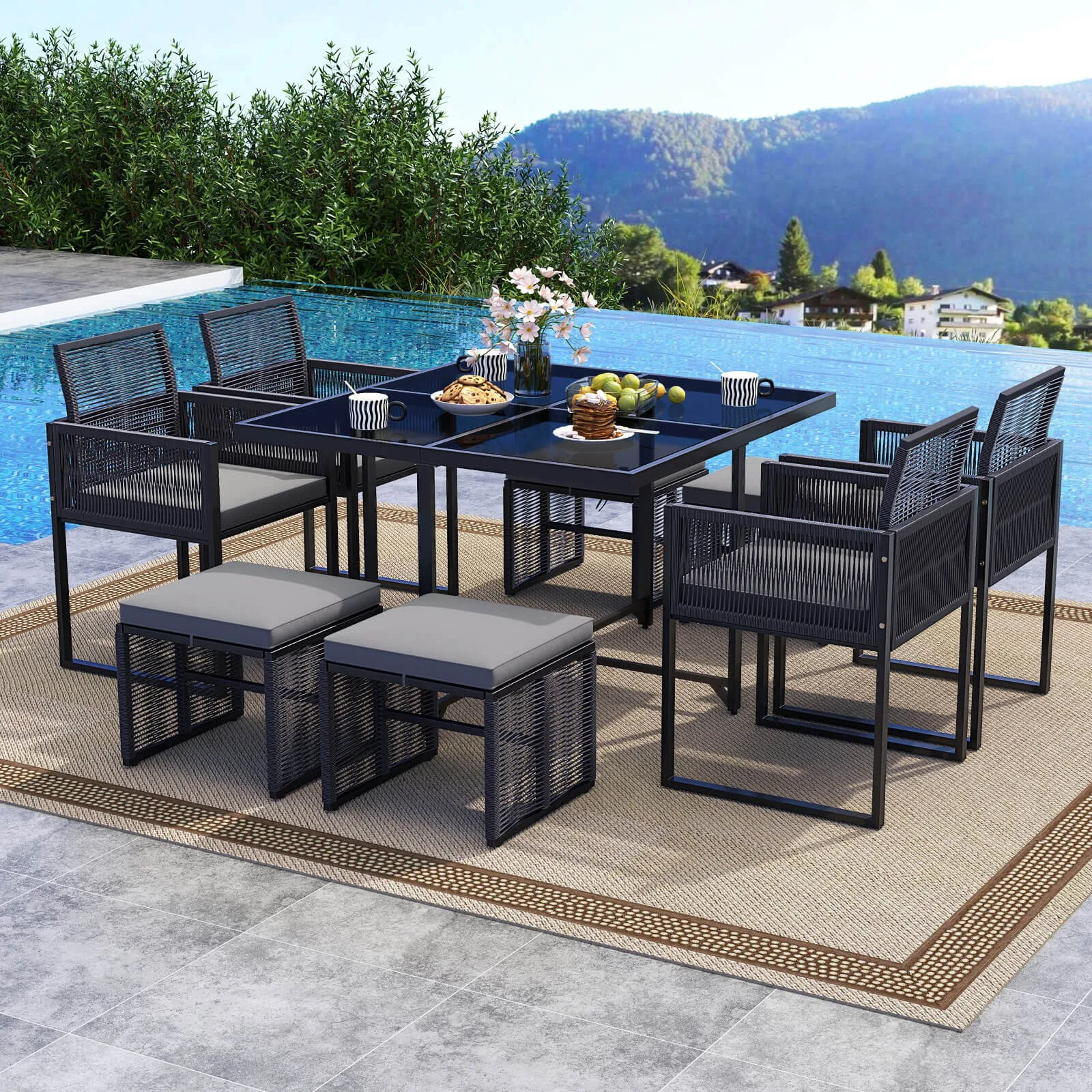 9 PCS Patio Dining Set w/ PE Rattan Chairs Tempered Glass Table and Ottomans
9 PCS Patio Dining Set w/ PE Rattan Chairs Tempered Glass Table and Ottomans