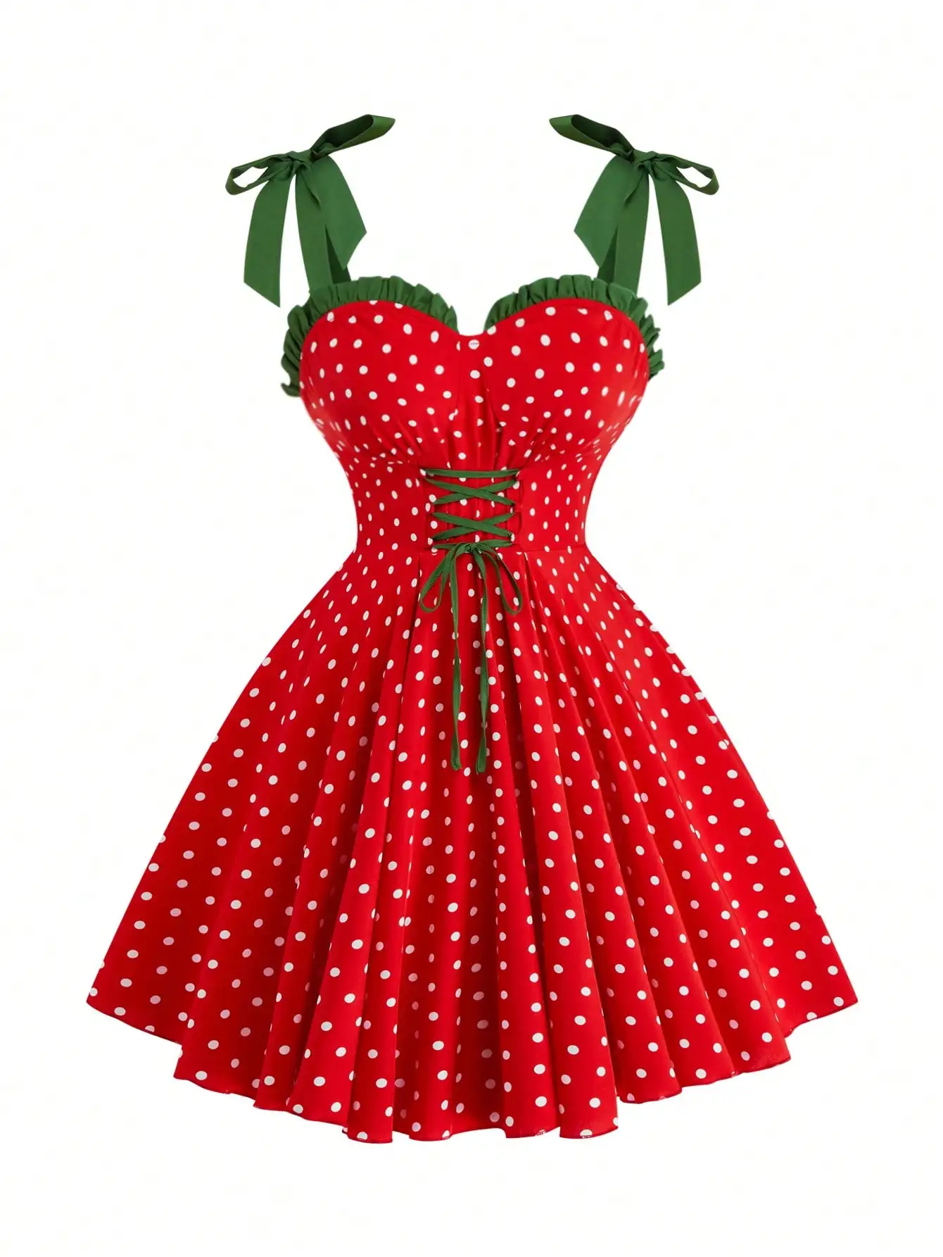 Red Polka Dot Cinched Waist Dress with Green Bow Straps and Ruffle Trim
Red Polka Dot Cinched Waist Dress with Green Bow Straps and Ruffle Trim