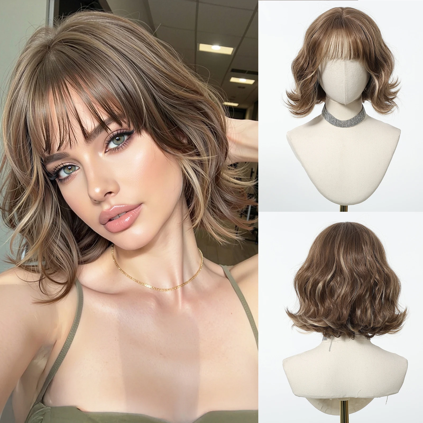 Brown Blonde Highlights Synthetic Wig Short Wavy Wigs with Bangs Cosplay Daily Lolita Curly Hair Wigs for Women Heat Resistant
Brown Blonde Highlights Synthetic Wig Short Wavy Wigs with Bangs Cosplay Daily Lolita Curly Hair Wigs for Women Heat Resistant