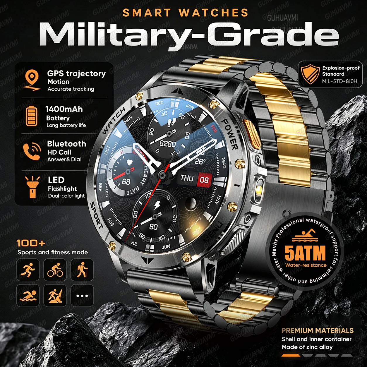 New Men's Military Sports Smart Watch Built-in 1400mAh Battery Flashlight 5ATM Waterproof 1.7" AMOLED Bluetooth Call Smartwatch
New Men's Military Sports Smart Watch Built-in 1400mAh Battery Flashlight 5ATM Waterproof 1.7" AMOLED Bluetooth Call Smartwatch