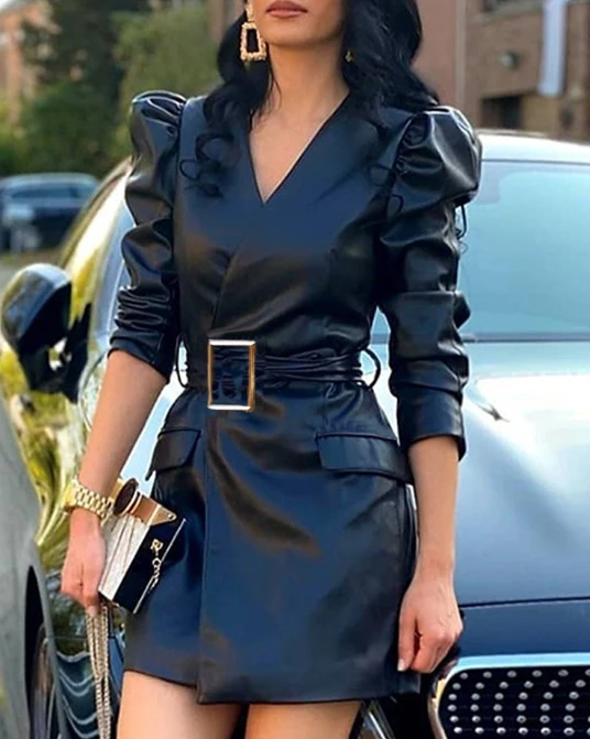 Elegant Dress for Women Temperament Pu Leather V Neck Bubble Sleeve Slim Fitting Dress with Belt 2023 New Autumn Commuting Style
Elegant Dress for Women Temperament Pu Leather V Neck Bubble Sleeve Slim Fitting Dress with Belt 2023 New Autumn Commuting Style