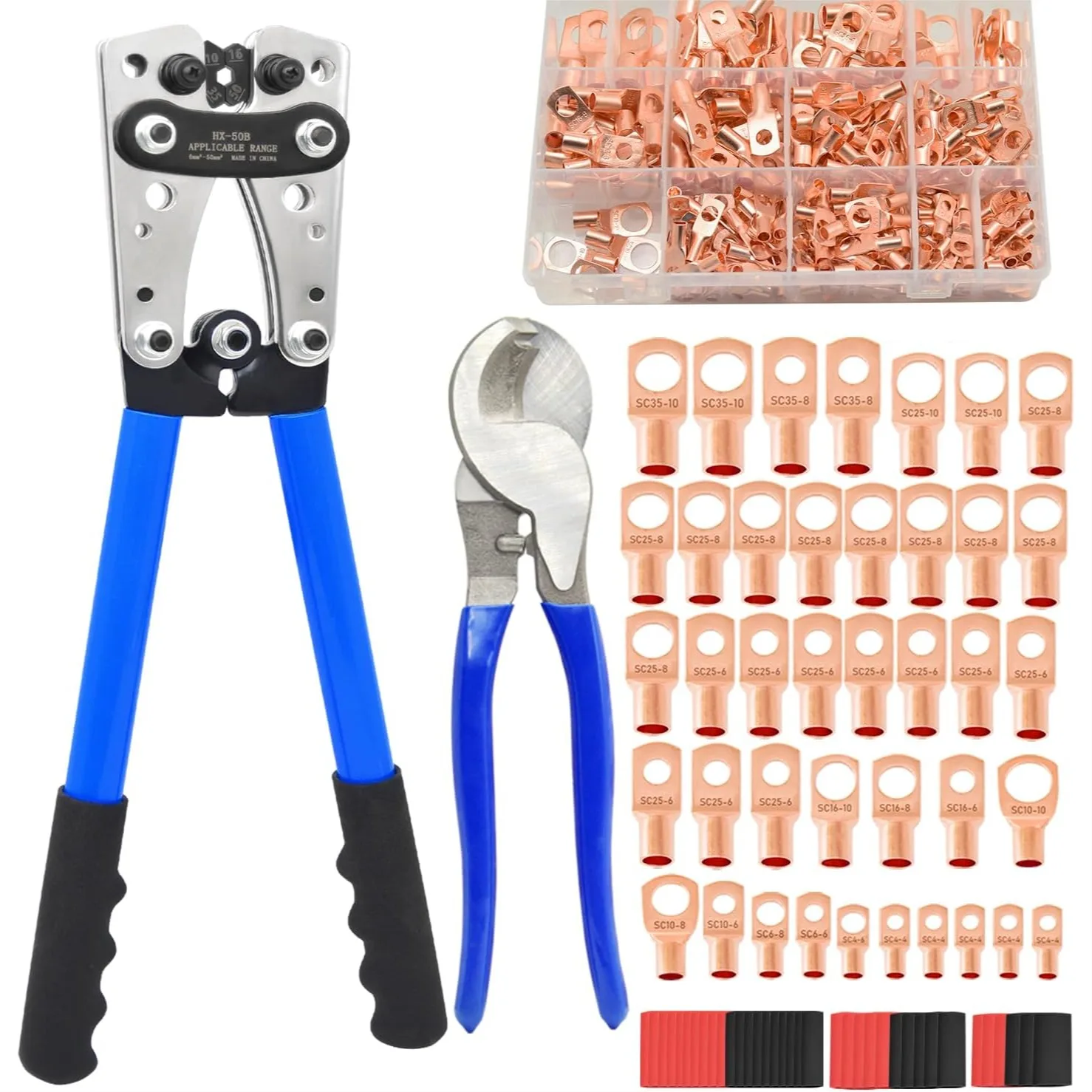 Cable Lug Crimping Tool Kit with 200Pcs Copper Lugs, Battery Terminal Crimper for AWG 10-1/0, Includes Cutter & Heat Shrink
Cable Lug Crimping Tool Kit with 200Pcs Copper Lugs, Battery Terminal Crimper for AWG 10-1/0, Includes Cutter & Heat Shrink