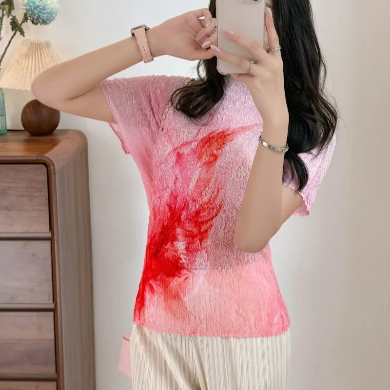 Miyake Pleated T-Shirt 2026 Summer New Fashion Printed Short Sleeve Top Lightweight Stretchy Semi-Transparent Women's Clothing
Miyake Pleated T-Shirt 2026 Summer New Fashion Printed Short Sleeve Top Lightweight Stretchy Semi-Transparent Women's Clothing