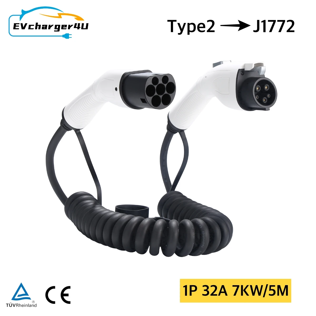 EVcharger4U IEC62196 Type 2 to J1772 Type 1 EV Charging Spiral Cable 1Phase 32A 7KW Type2 to Type1 Coiled for Electric Vechile
EVcharger4U IEC62196 Type 2 to J1772 Type 1 EV Charging Spiral Cable 1Phase 32A 7KW Type2 to Type1 Coiled for Electric Vechile