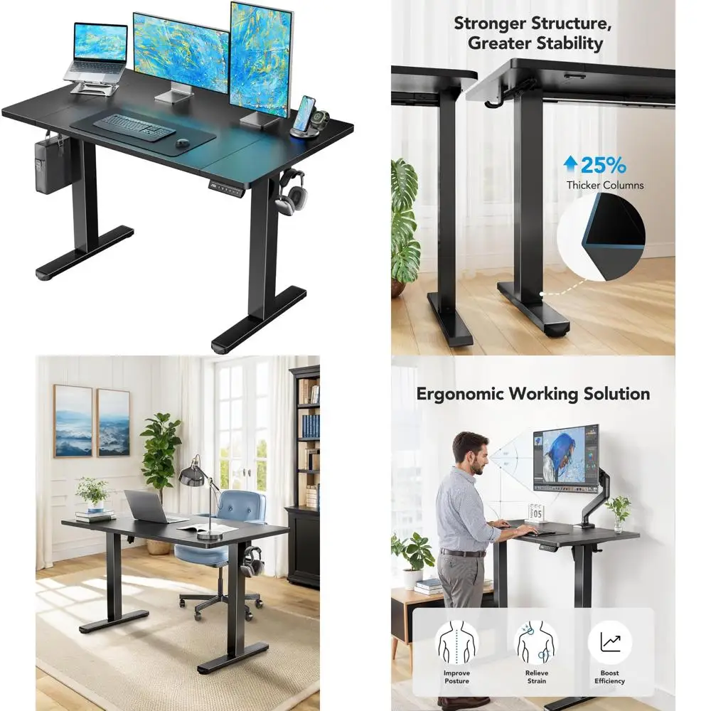adjustable height electric desk, 48x24 inch, with cable management and headphone hooks
adjustable height electric desk, 48x24 inch, with cable management and headphone hooks