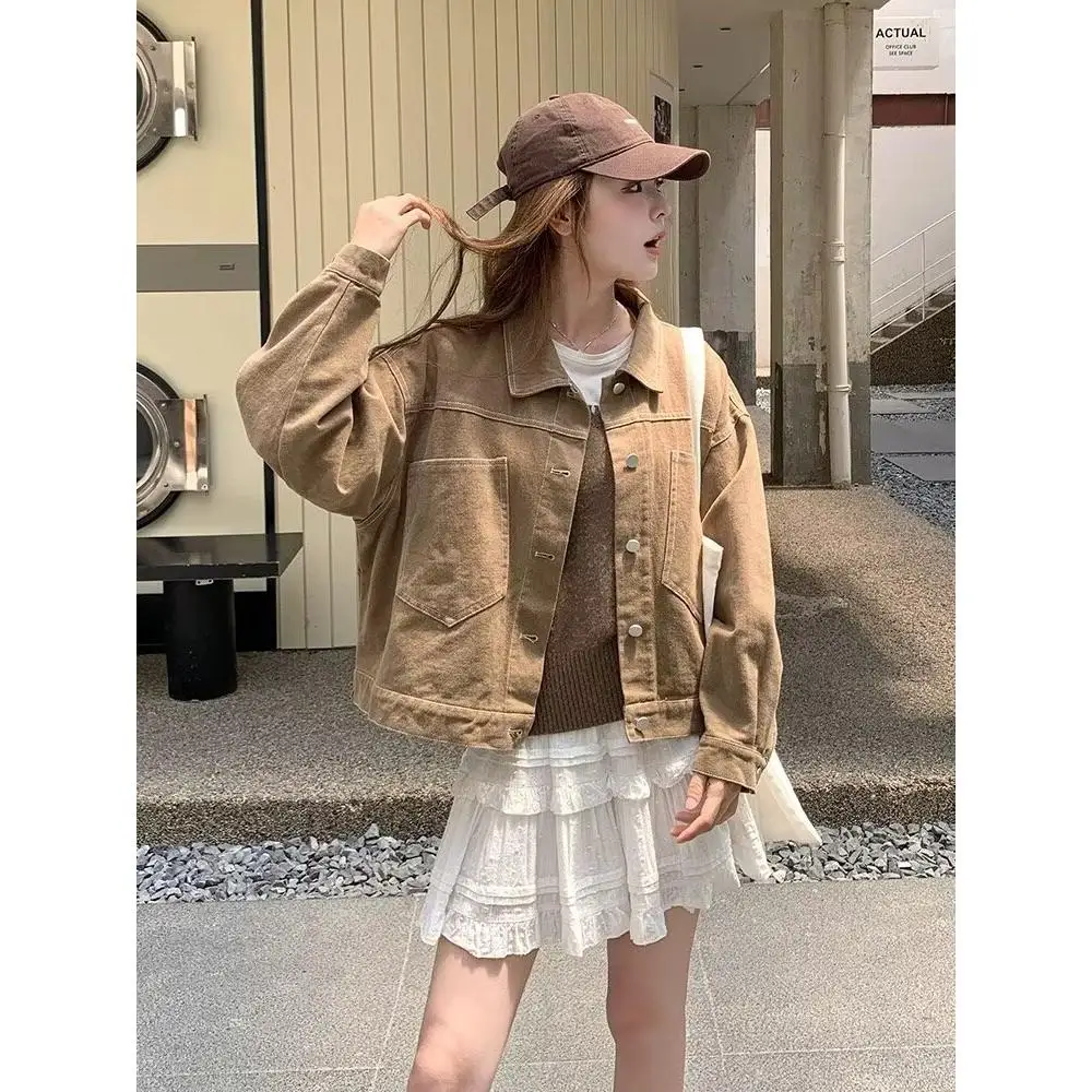 Retro i ort Denim Jaet Women's Spring Autumn Korean Sle Small Size Versatile Turn-down Collar Jaet Anti-aging Top
Retro i ort Denim Jaet Women's Spring Autumn Korean Sle Small Size Versatile Turn-down Collar Jaet Anti-aging Top