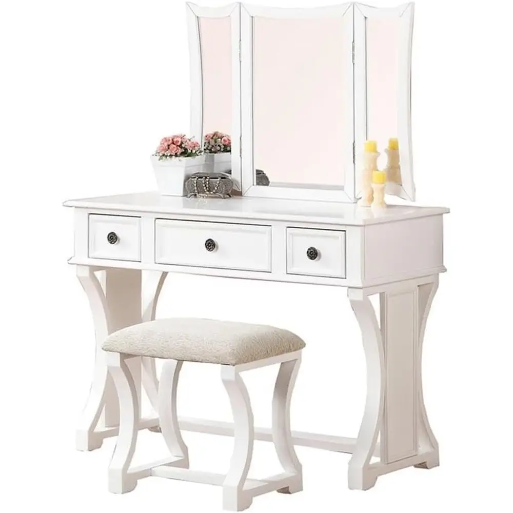Wood Vanity Set with Stool and Tri-Fold Mirror, 43W x 19D x 54H, White Finish, Solid Wood, 3 Drawer Storage, Fabric Seat, Curved
Wood Vanity Set with Stool and Tri-Fold Mirror, 43W x 19D x 54H, White Finish, Solid Wood, 3 Drawer Storage, Fabric Seat, Curved
