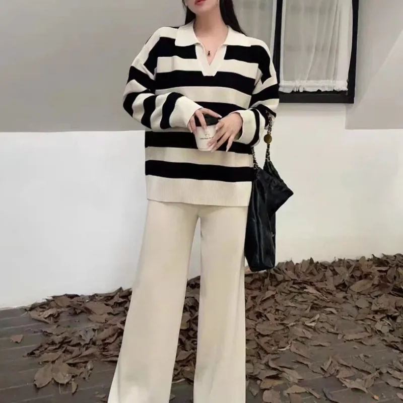 Casual Loose Stripe Knitted 2-piece Set for Women's Set 2024 New Retro Lazy Soft Collar Long Sleeve Straight Pants Set for Women
Casual Loose Stripe Knitted 2-piece Set for Women's Set 2024 New Retro Lazy Soft Collar Long Sleeve Straight Pants Set for Women
