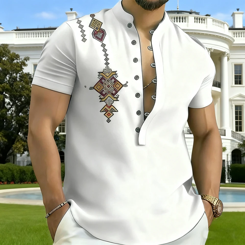 Men's ethnic style pattern half-open 3D printed shirt men's retro simple business shirt short sleeve stand collar outdoor top 
Men's ethnic style pattern half-open 3D printed shirt men's retro simple business shirt short sleeve stand collar outdoor top
