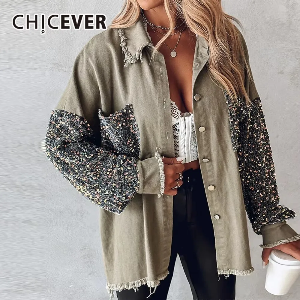 CHICEVER Casual Patchwork Sequined Jacket for Women Lapel Long Sleeve Patchwork Tassel Streetwear Coat Female Fashion Ne
CHICEVER Casual Patchwork Sequined Jacket for Women Lapel Long Sleeve Patchwork Tassel Streetwear Coat Female Fashion Ne