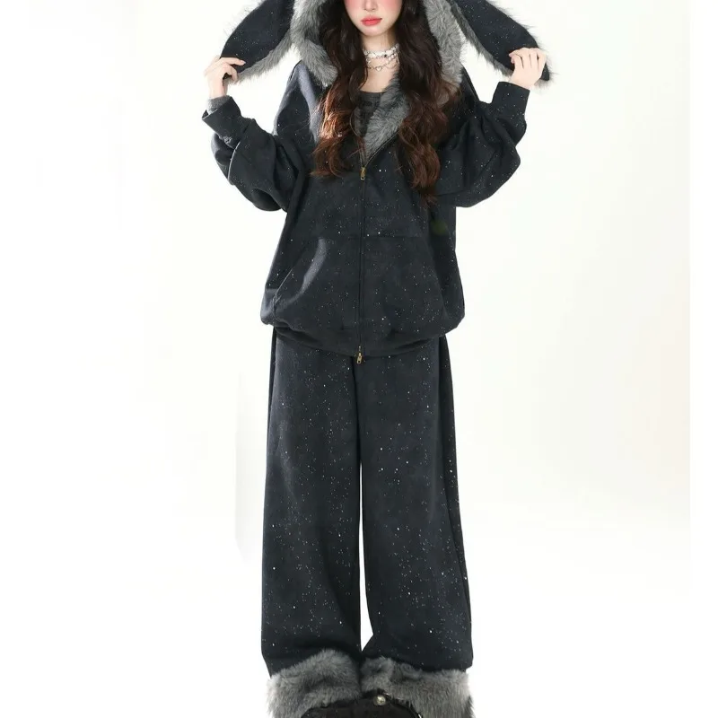 Gypsy Plush Rabbit Ear Hooded Sweater Set Women's Plush Autumn and Winter Wide-leg Pants Warm Loose Lazy Two-piece Set
Gypsy Plush Rabbit Ear Hooded Sweater Set Women's Plush Autumn and Winter Wide-leg Pants Warm Loose Lazy Two-piece Set